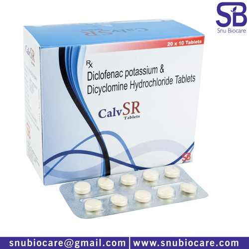 Diclofenac potassium B.P 50mg + dicyclomine Hydrochloride I.P 20mg tablet Manufacturer, Supplier & PCD Franchise | SNU Biocare