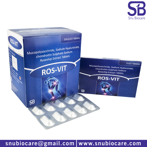 Rosehip extract 375 mg + Mucopolysacchride 220mg+ Collagen peptide type II+ Sodium Hyaluronate 30 mg+ Chomdrotin Sulphate Sodium 200mg + Vitamin C 35mg + Vitamin D3 1000 IU Manufacturer, Supplier & PCD Franchise | SNU Biocare